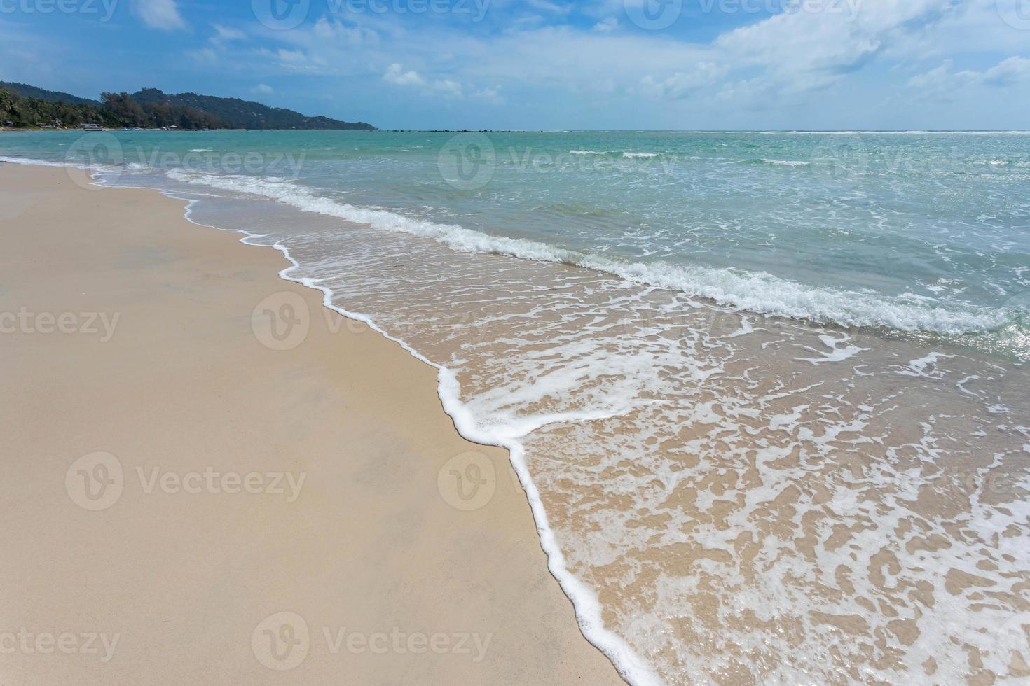 Sea view from tropical beach with sunny sky. Summer paradise beach of Koh Samui island. Tropical shore. Tropical sea in Thailand. Exotic summer beach with clouds on horizon. photo