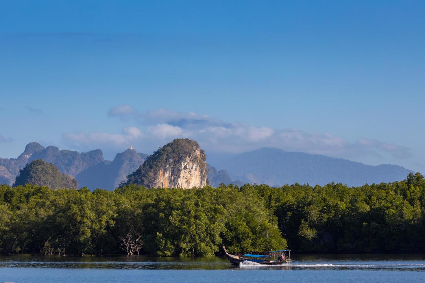 KRABI, THAILAND - JANUARY 23, 2020 - Beautiful natural view of boat, mangrove forest at Krabi River, Krabi, Thailand. photo