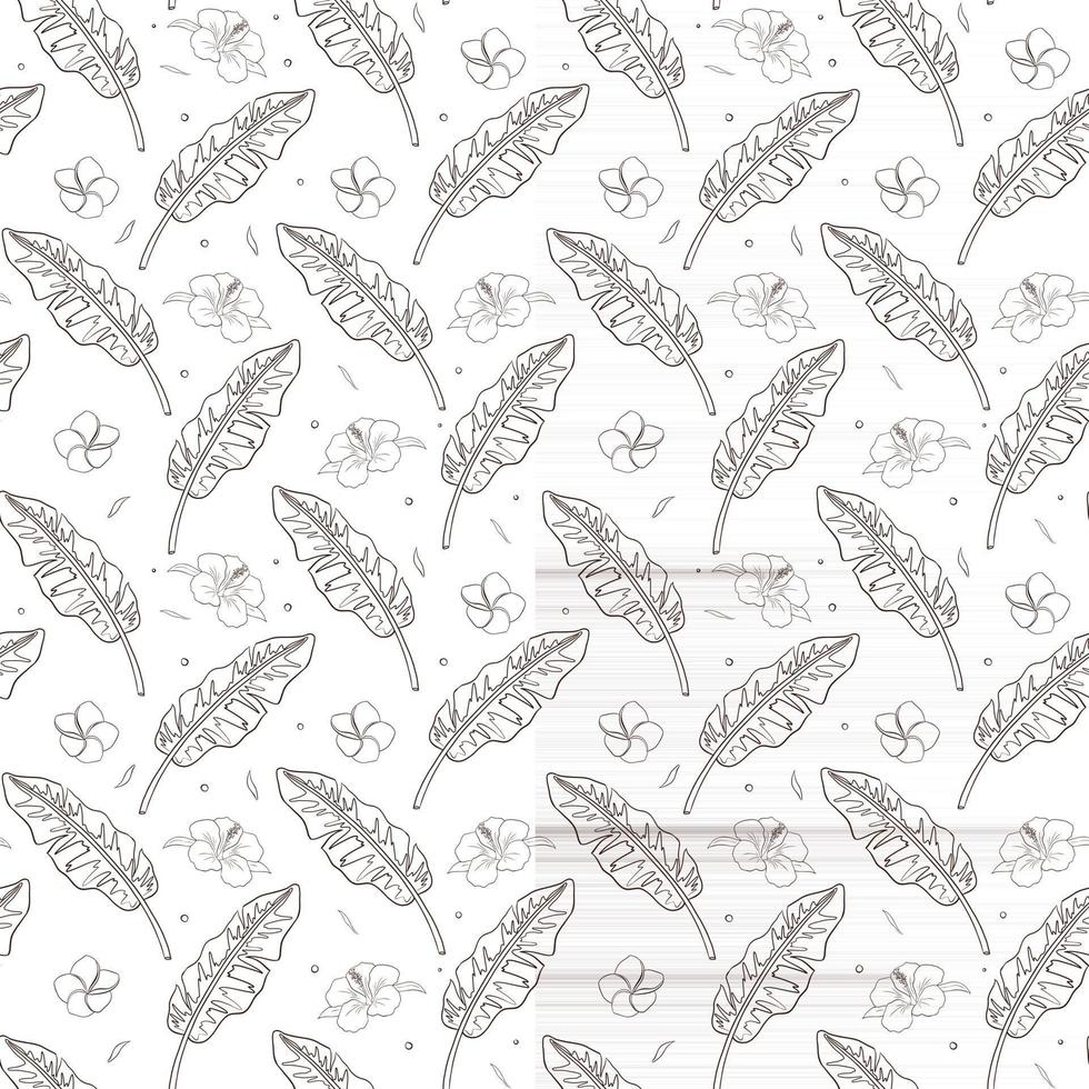 Tropical Plants Seamless Pattern. Line Art. Rainforest texture. Banana leaves, hibiscus and plumeria flowers background vector