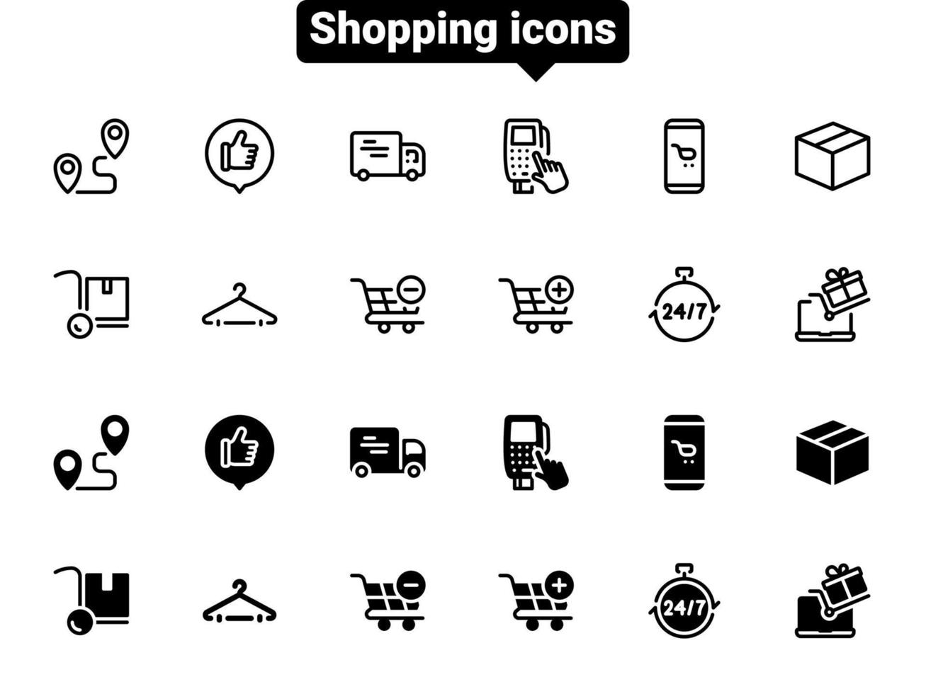 Set of black vector icons, isolated against white background. Flat illustration on a theme delivery, online and offline purchase
