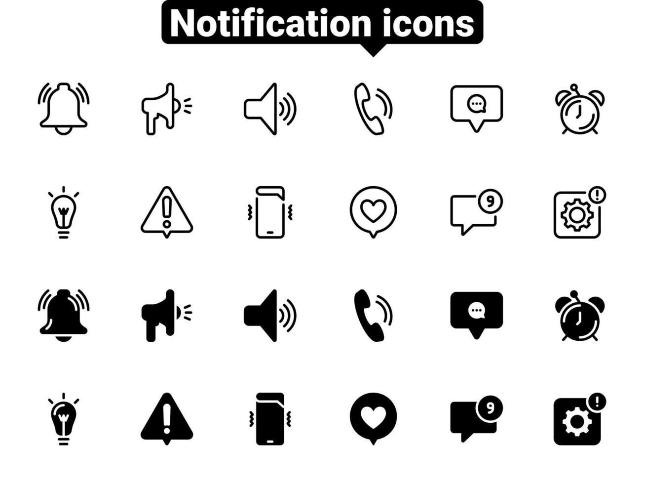conjunto de iconos de vector negro, aislado sobre fondo blanco. ilustración plana en una notificación de tema