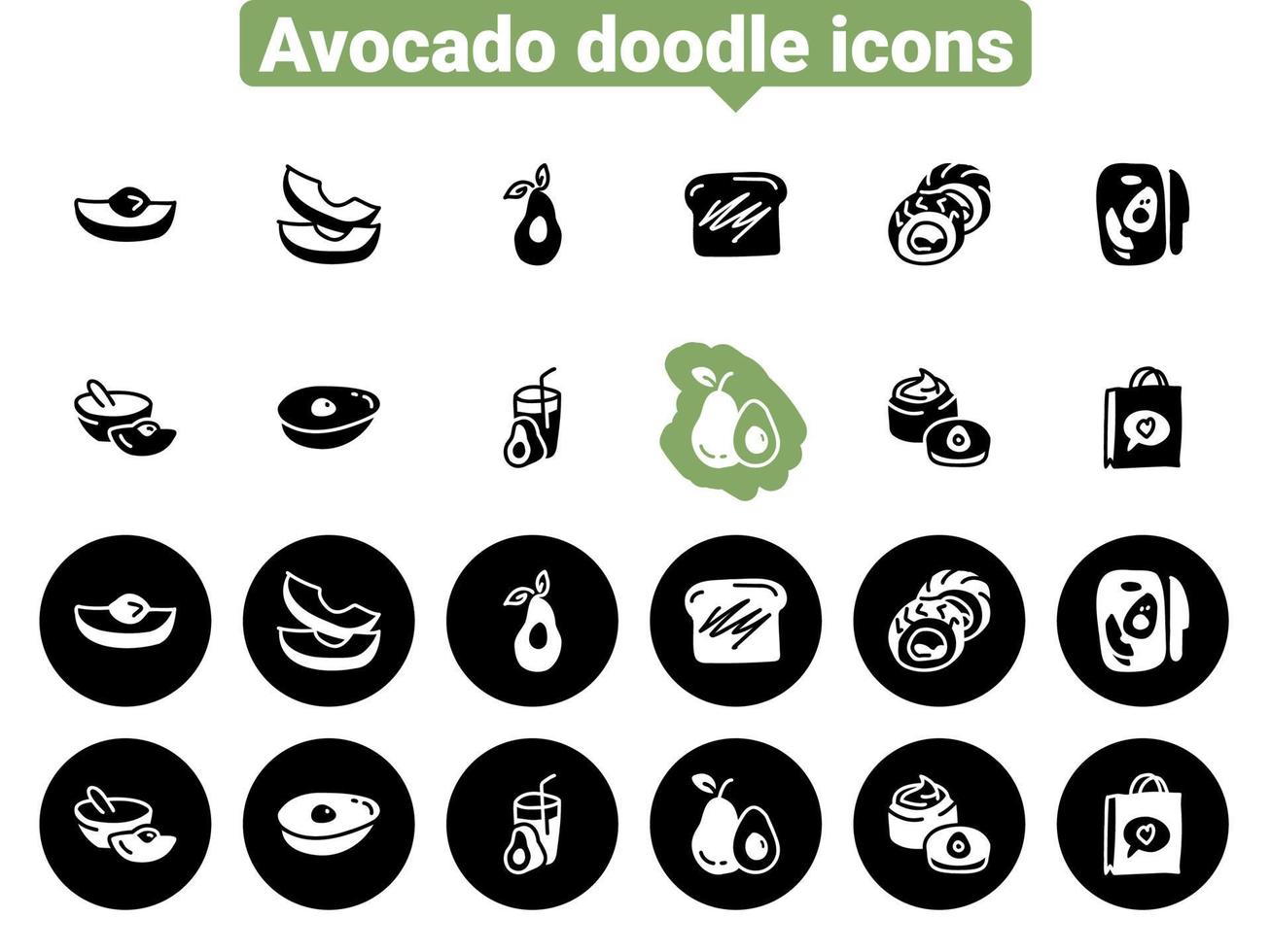 Set of black vector icons, isolated against white background. Flat illustration on a theme avocado, slices, dish and shopping. Fill, glyph