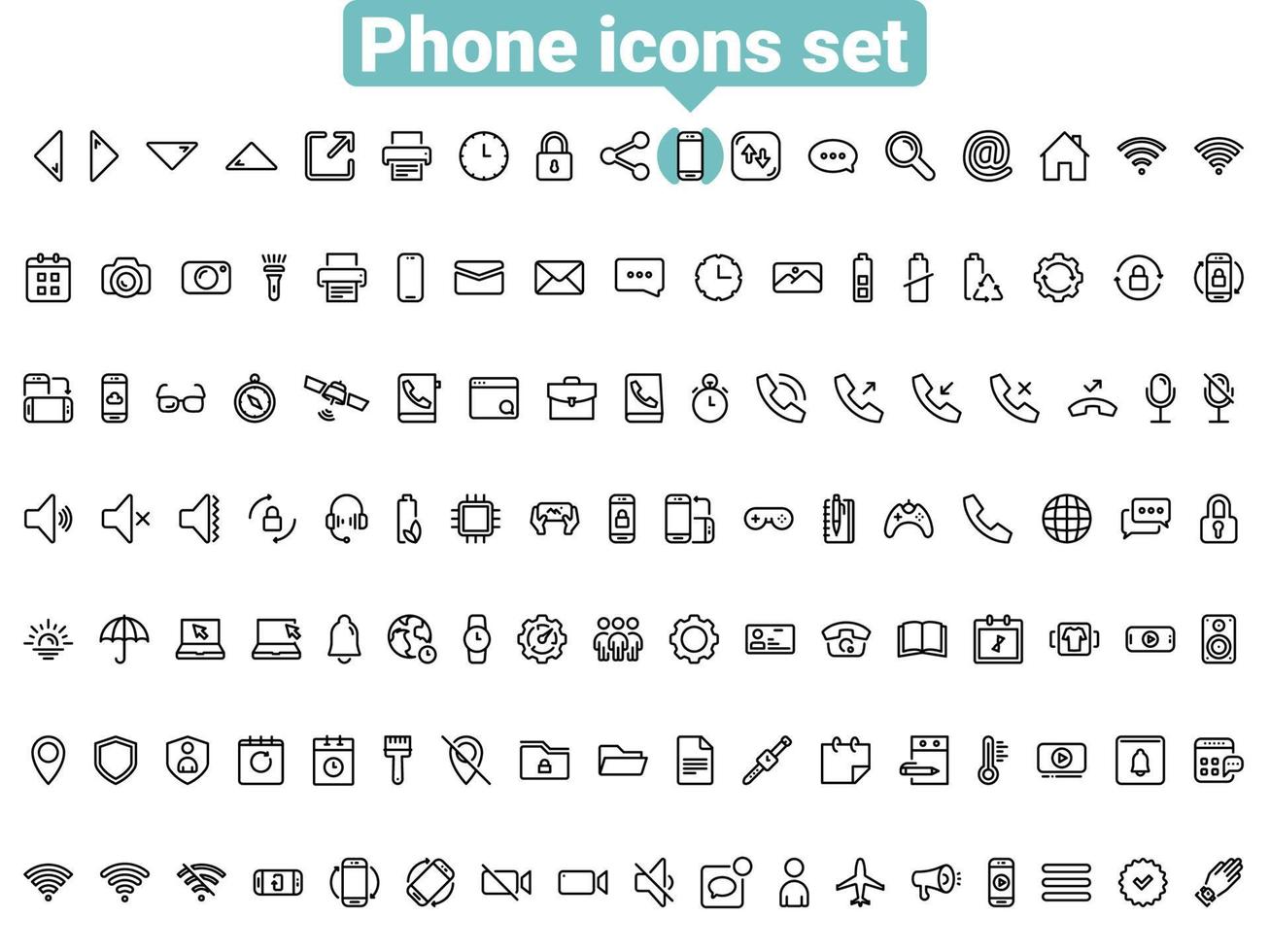 Set of black vector icons, isolated against white background. Flat illustration on a theme phone. Line, outline, stroke