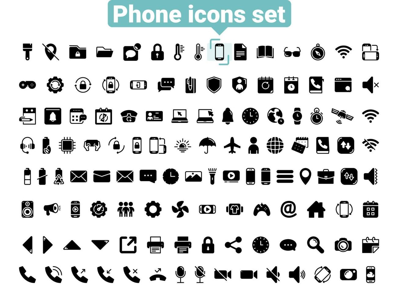 Set of black vector icons, isolated against white background. Flat illustration on a theme phone. Fill, glyph