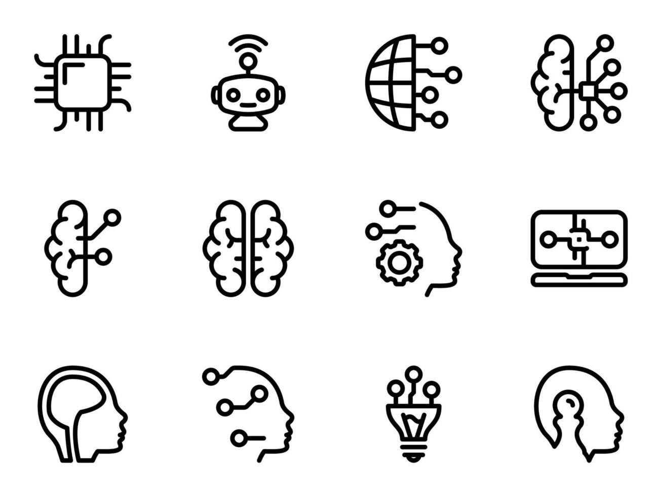 Set of black vector icons, isolated against white background. Flat illustration on a theme Artificial intelligence, integration with the human brain. Line, outline, stroke