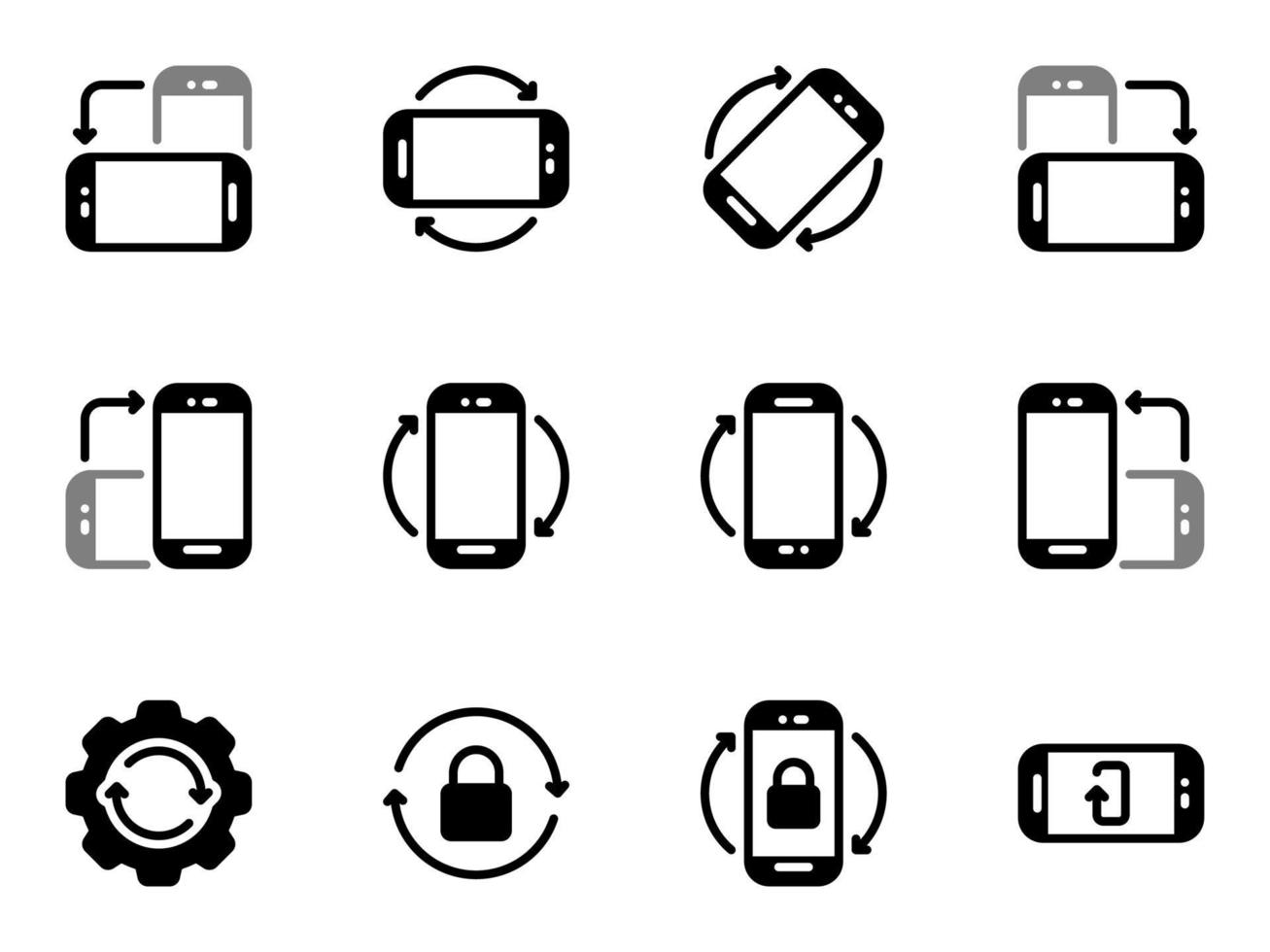 Set of black vector icons, isolated against white background. Flat illustration on a theme function of screen rotation in all directions. Fill, glyph