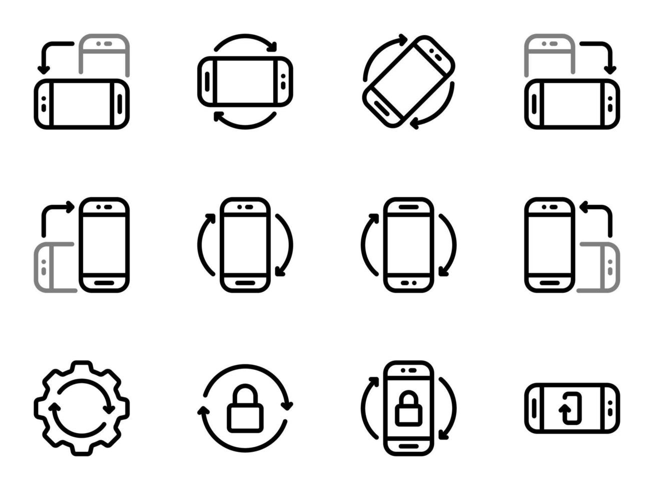 Set of black vector icons, isolated against white background. Flat illustration on a theme function of screen rotation in all directions. Line, outline, stroke