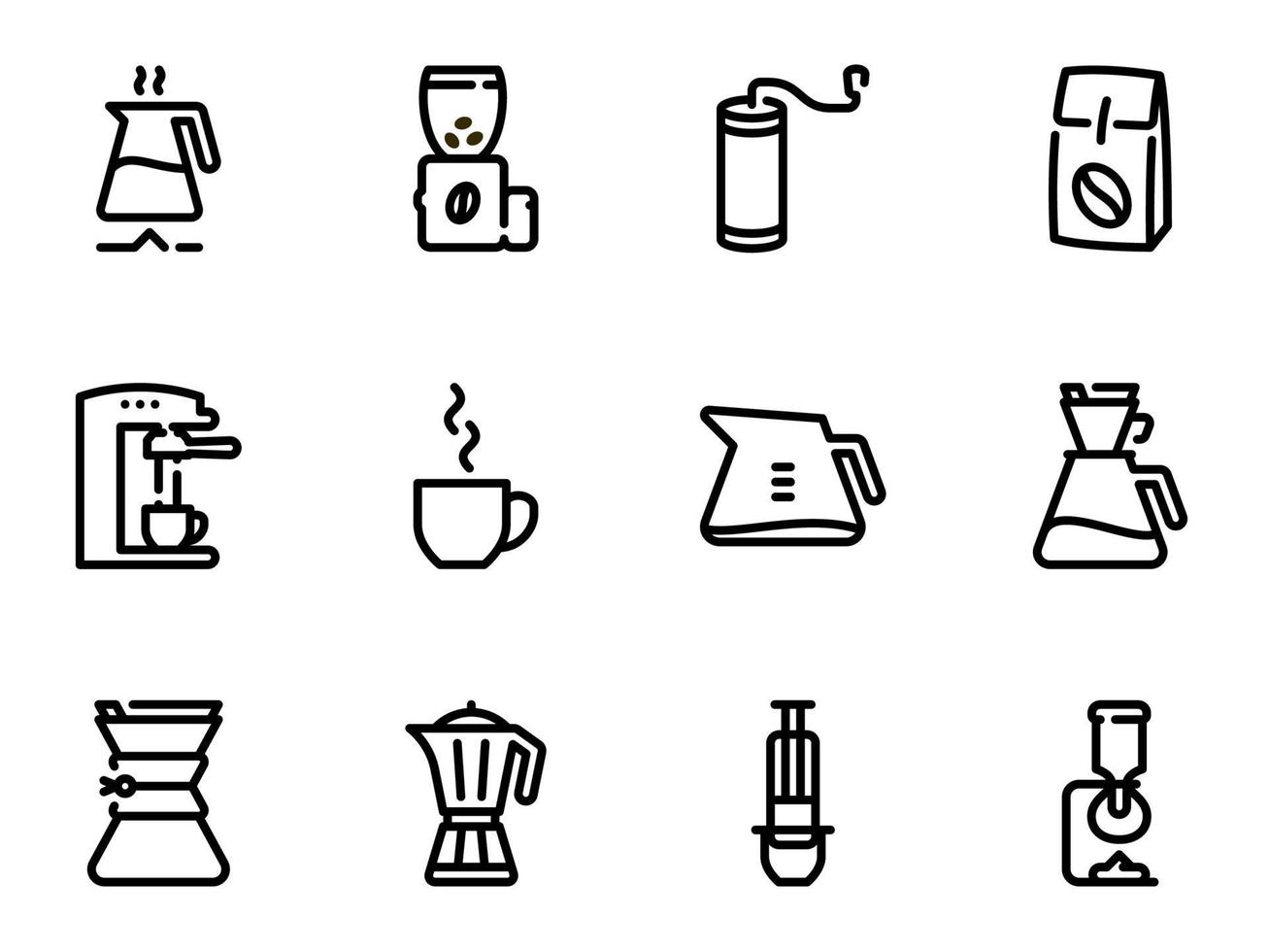 conjunto de iconos de vector negro, aislado sobre fondo blanco. ilustración sobre un tema métodos básicos y alternativos para preparar café