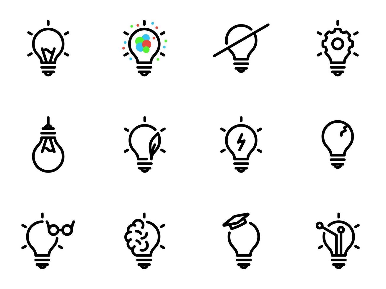 Set of black vector icons, isolated against white background. Illustration on a theme Bulb