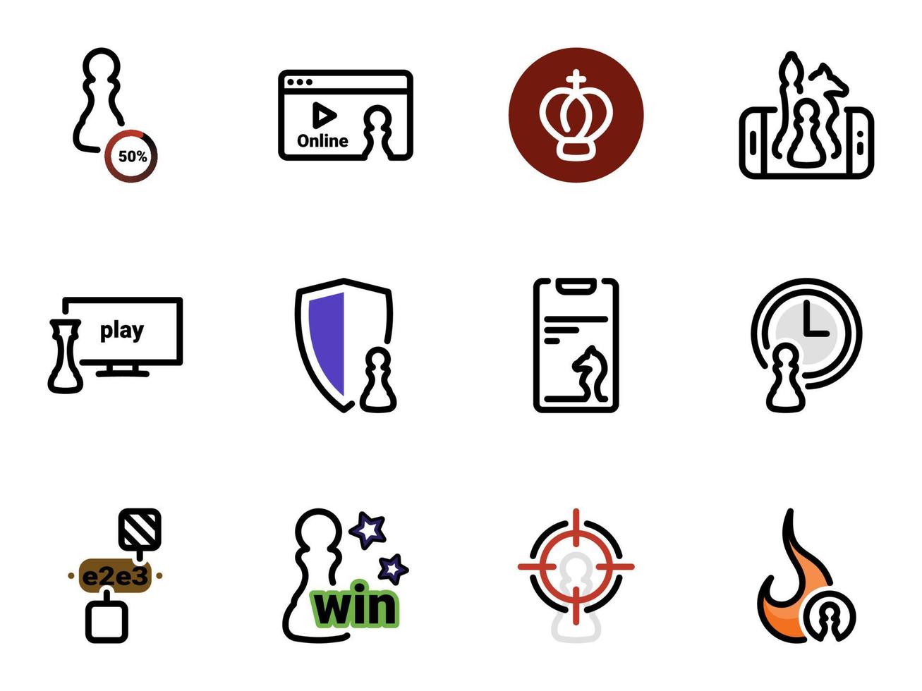 Set of black vector icons, isolated against white background. Illustration on a theme Chess game