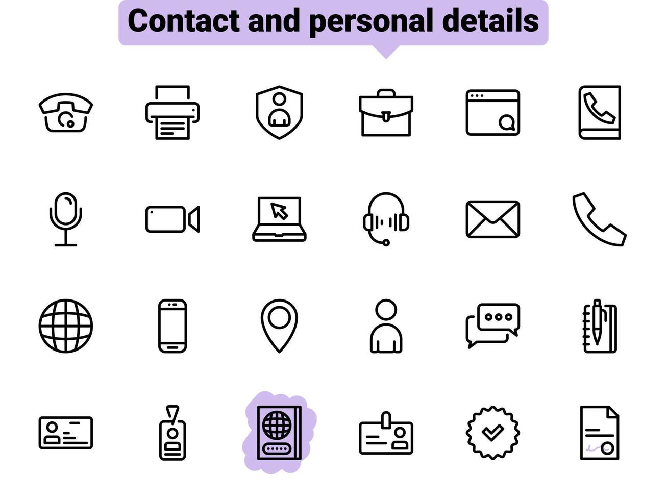 conjunto de iconos de vector negro, aislado sobre fondo blanco. ilustración plana sobre un tema de contacto y datos personales. línea, contorno, trazo