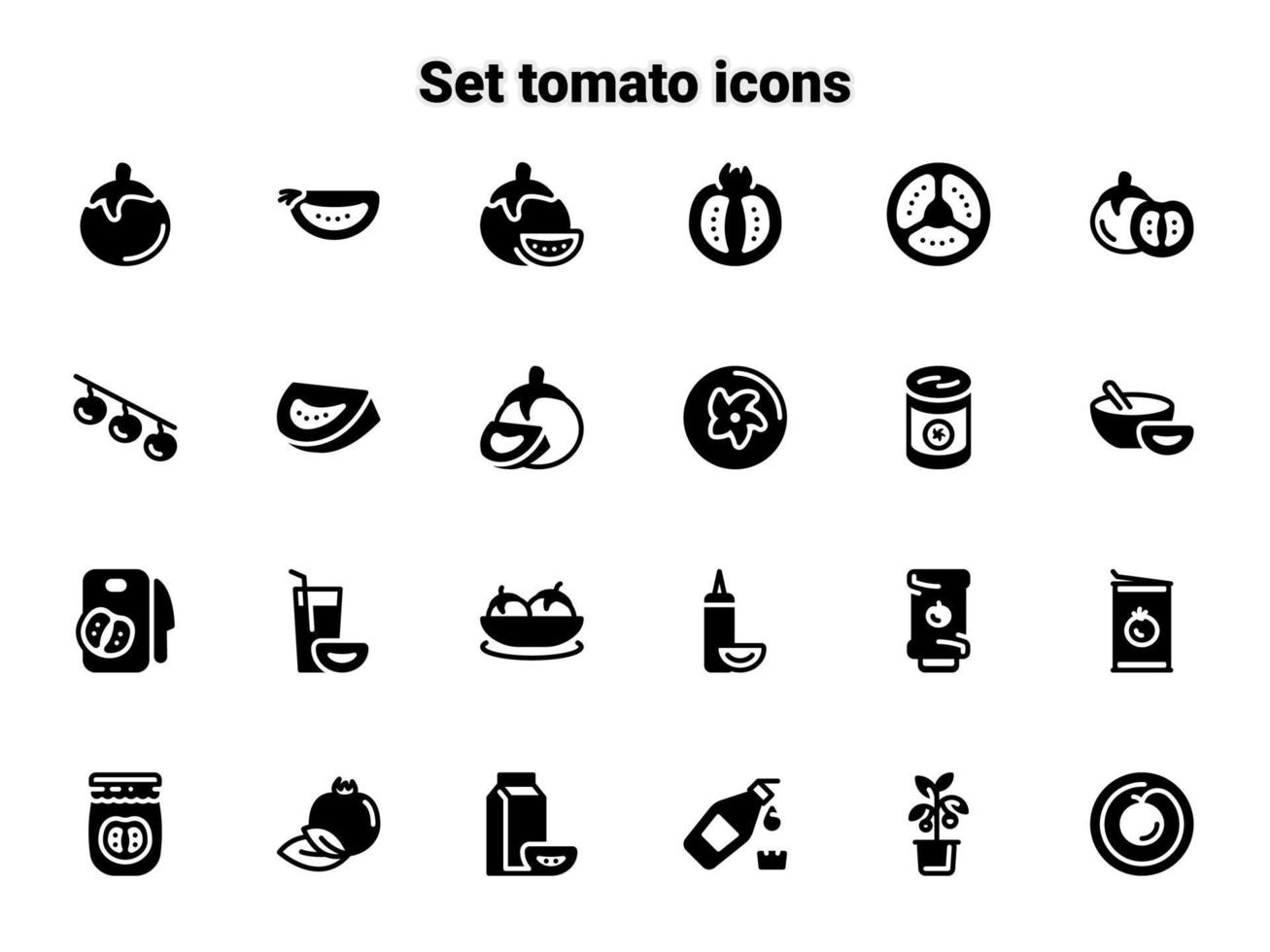Set of black vector icons, isolated against white background. Flat illustration on a theme tomato, slice, whole, appetizing. Fill, glyph