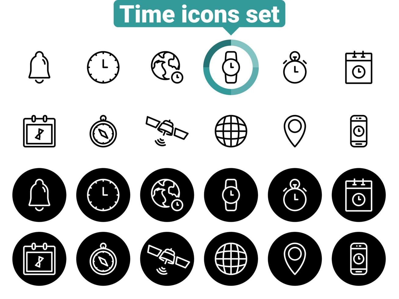 Set of black vector icons, isolated against white background. Flat illustration on a theme time planning. Line, outline, stroke