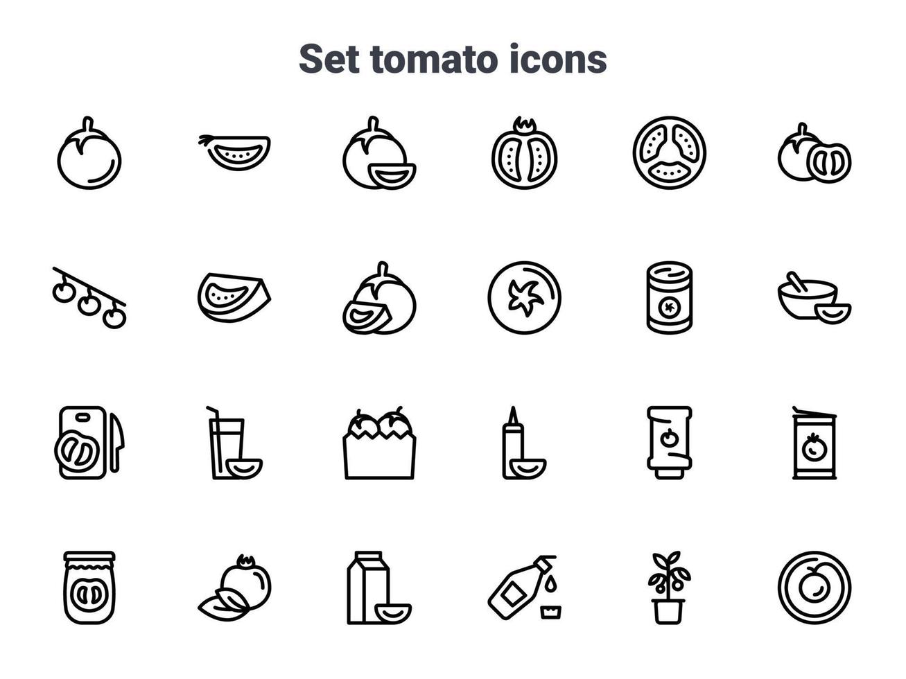Set of black vector icons, isolated against white background. Flat illustration on a theme tomato, slice, whole, appetizing. Line, outline, stroke