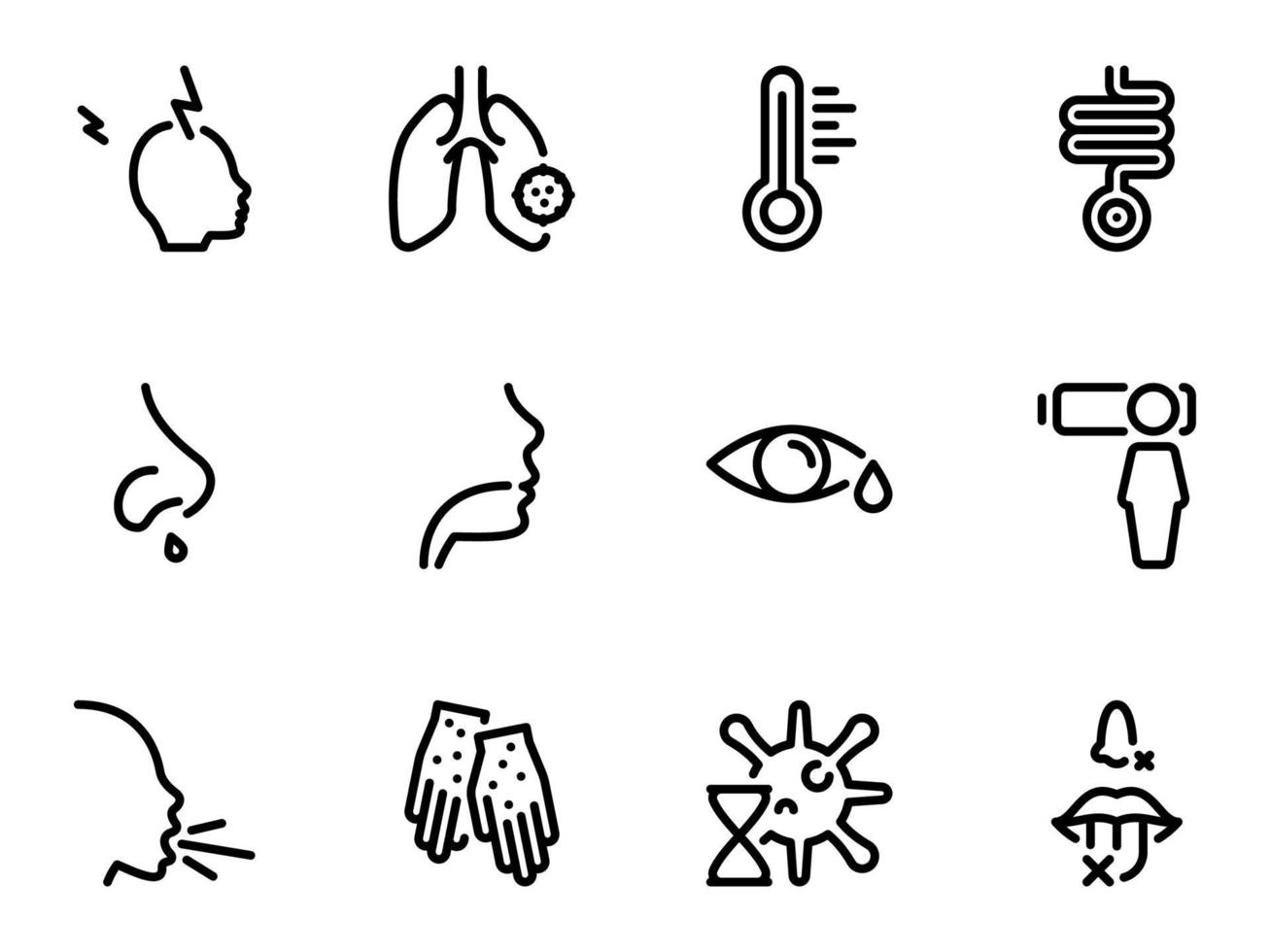 conjunto de iconos de vector negro, aislado sobre fondo blanco. ilustración plana sobre un tema síntomas respiratorios, enfermedades, período de incubación