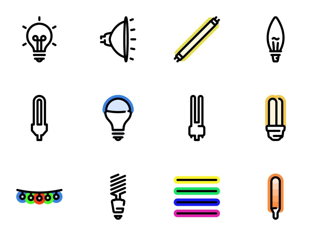 Set of black vector icons, isolated against white background. Illustration on a theme Types of Bulbs