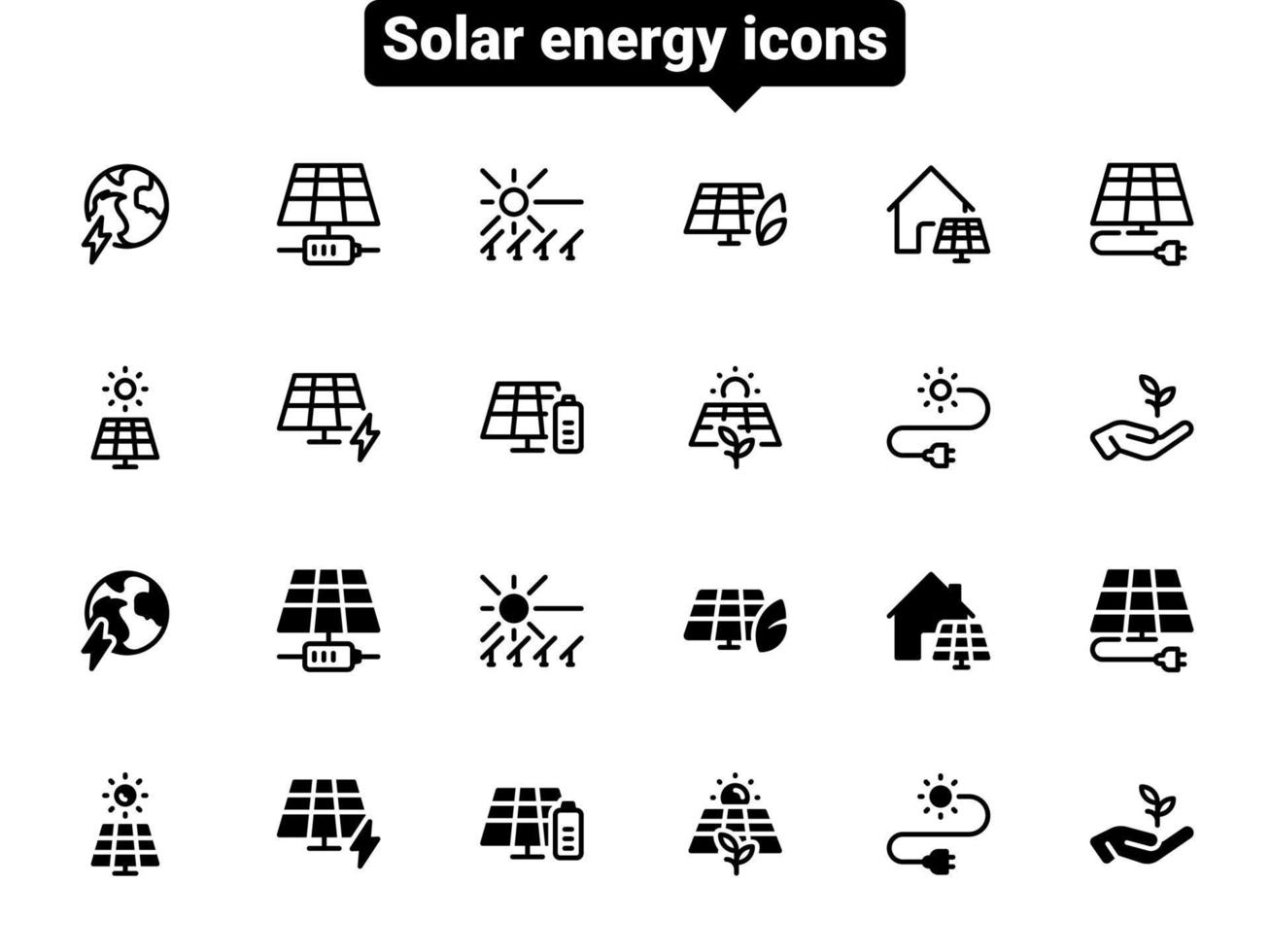 conjunto de iconos de vector negro, aislado sobre fondo blanco. ilustración plana en un panel solar temático