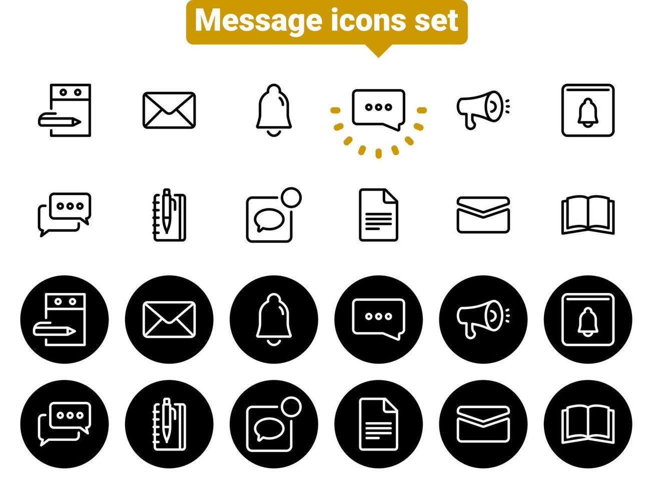 Set of black vector icons, isolated against white background. Flat illustration on a theme messages, notifications, chats, conversations. Line, outline, stroke