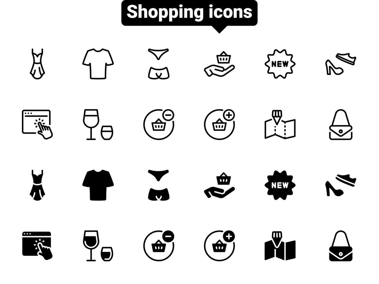conjunto de iconos de vector negro, aislado sobre fondo blanco. ilustración plana sobre un tema de compras de ropa