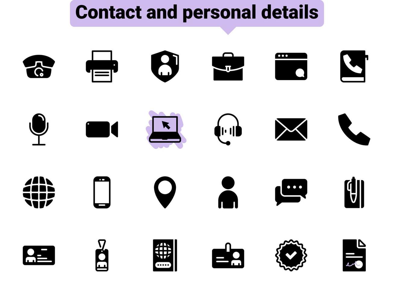 Set of black vector icons, isolated against white background. Flat illustration on a theme contact and personal data. Fill, glyph