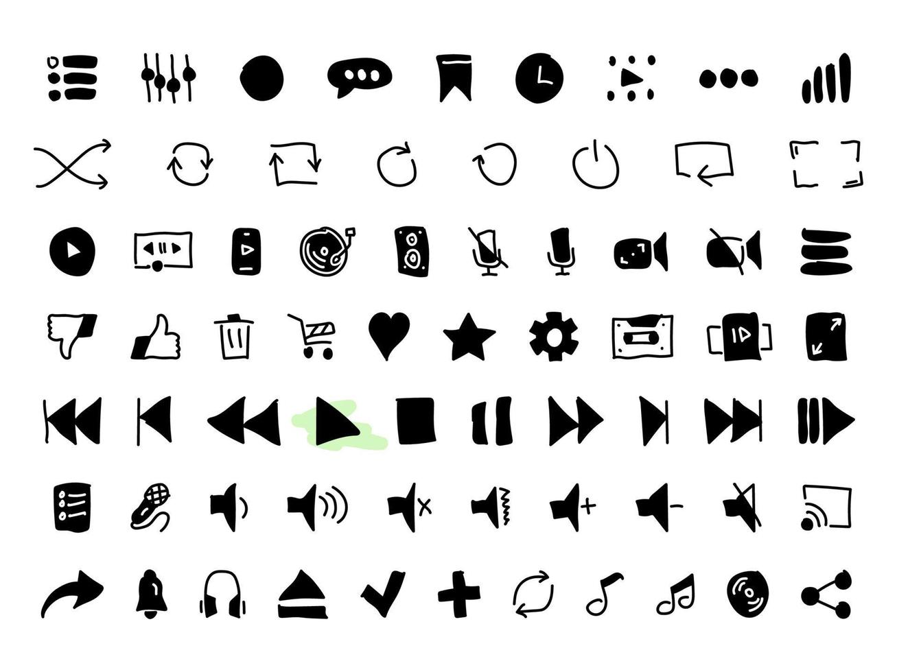 Set of black vector doodle icons, isolated against white background. Flat illustration on a theme audio and video player buttons. Fill, glyph