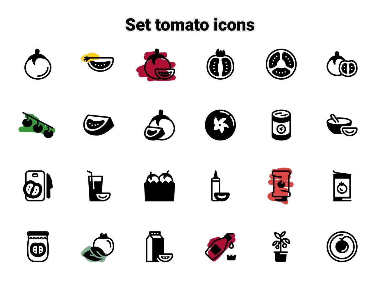 Set of black vector icons, isolated against white background. Flat illustration on a theme tomato, slice, whole, appetizing. Fill, glyph