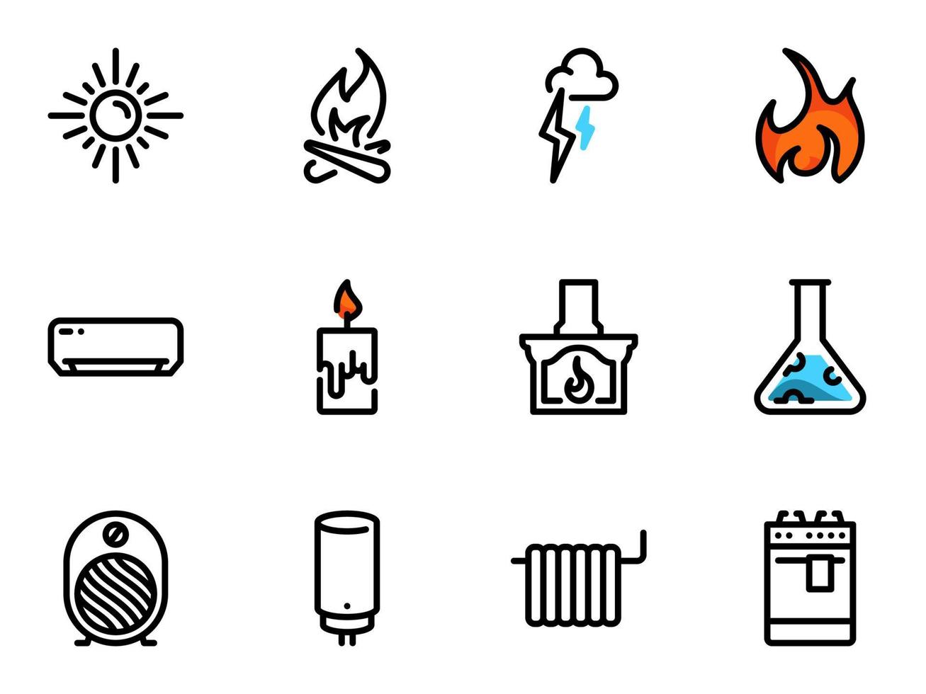 Set of black vector icons, isolated against white background. Illustration on a theme Heat source