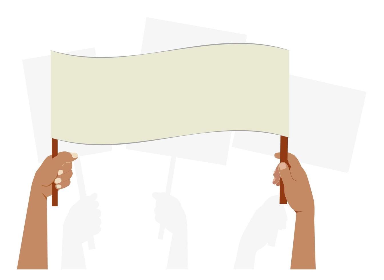 People with placards. Hands holding blank banners. Protest of activists with empty sign. Woman demonstration. Vector illustration.