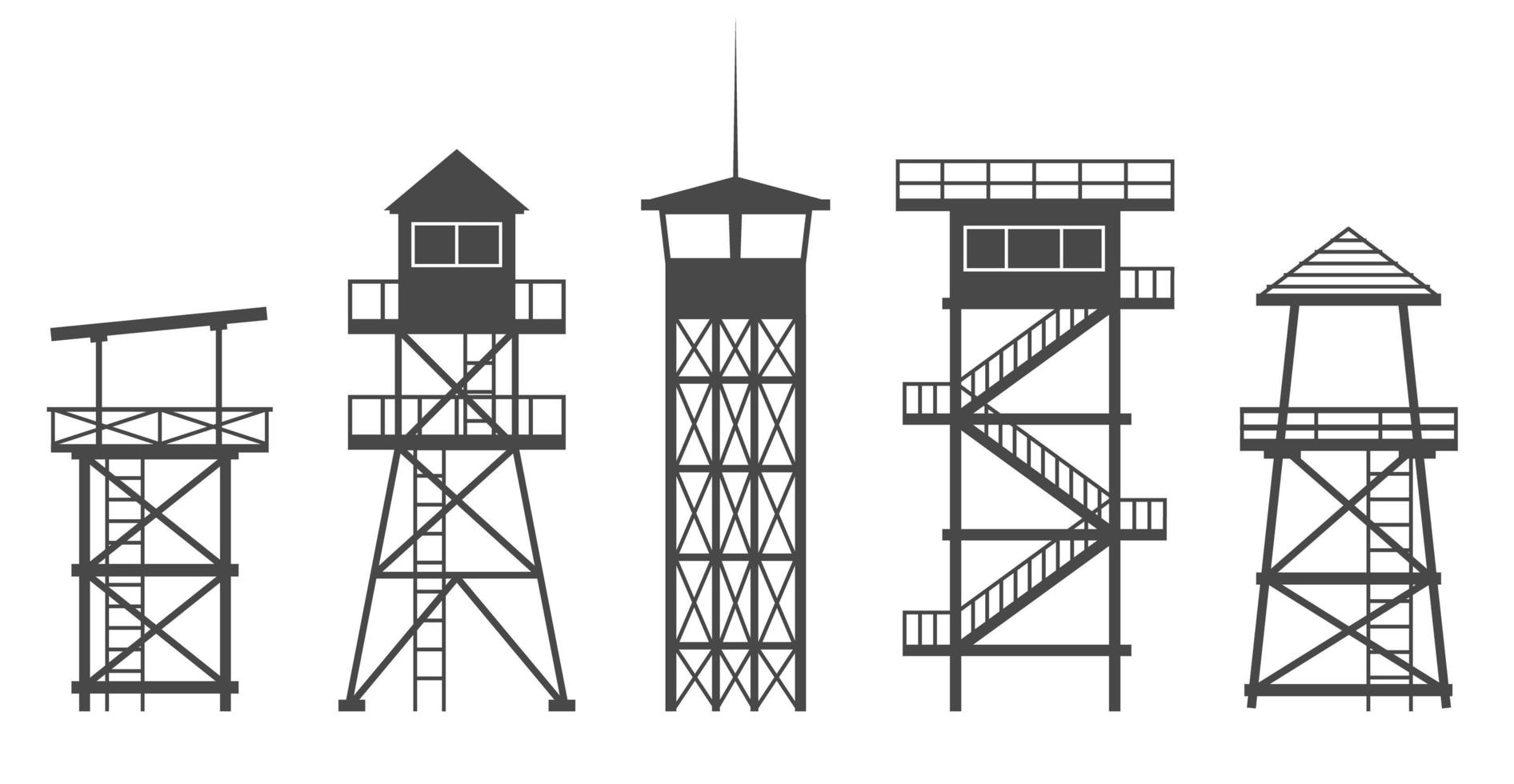 torre de observación en prisión, ejército y caza de safari. campamento militar post silueta vector ilustración.