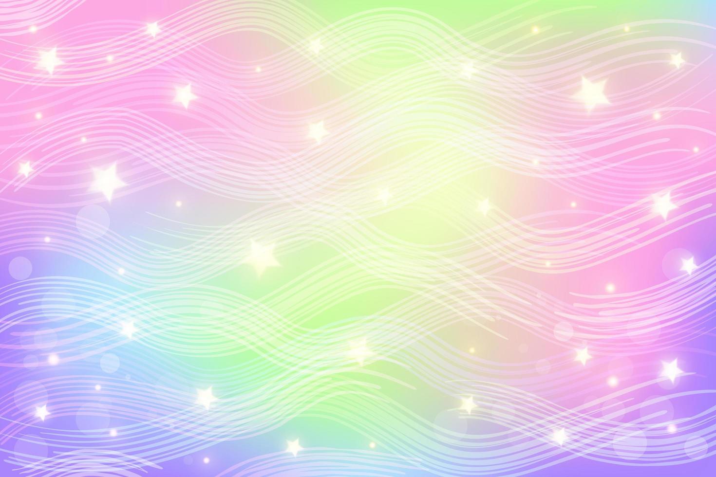 Rainbow fantasy background. Holographic illustration in pastel colors. Cute cartoon girly background. Bright multicolored sky with stars and waves. Vector. vector