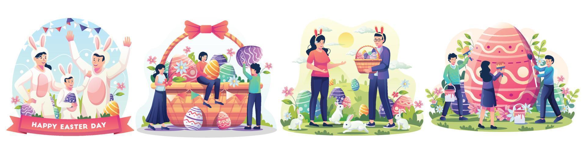 Set of Easter day concept. Happy people celebrate Easter day with bunnies, baskets full of easter eggs, flowers, and decorations. vector illustration