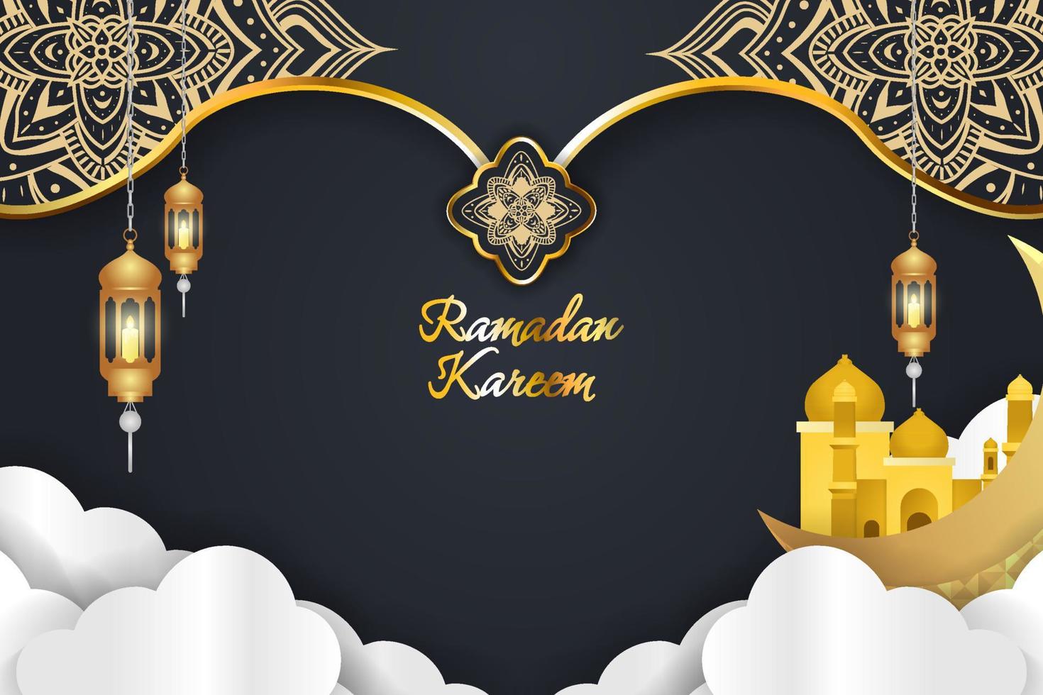 Tận hưởng không khí Ramadan Kareem và hy vọng tinh thần thiêng liêng của ngày lễ bằng bức ảnh cùng chủ đề kết hợp với phông nền đen vàng và đám mây tạo nên cảnh tượng tràn đầy sắc màu và tinh thần của đạo Hồi.