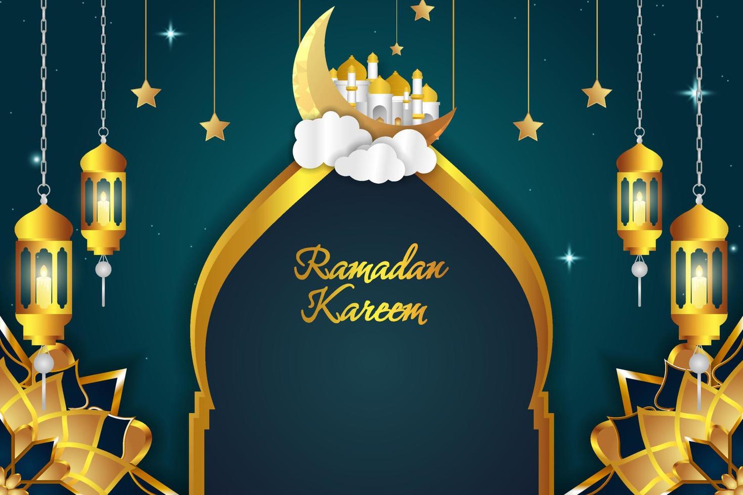 ramadan kareem islámico con fondo de nubes verde y dorado vector