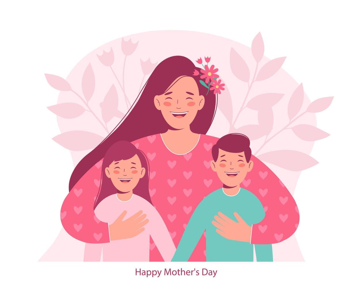 Smiling mom hugs her children. Mom, daughter and son. Concept of friendly family. Mother's Day vector