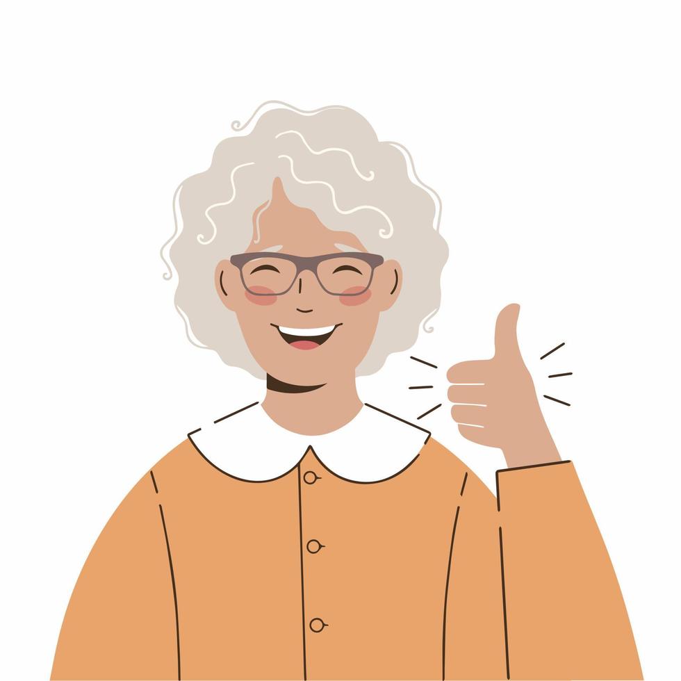 Elderly lady shows with a hand gesture that she is delighted. Hand gesture vector