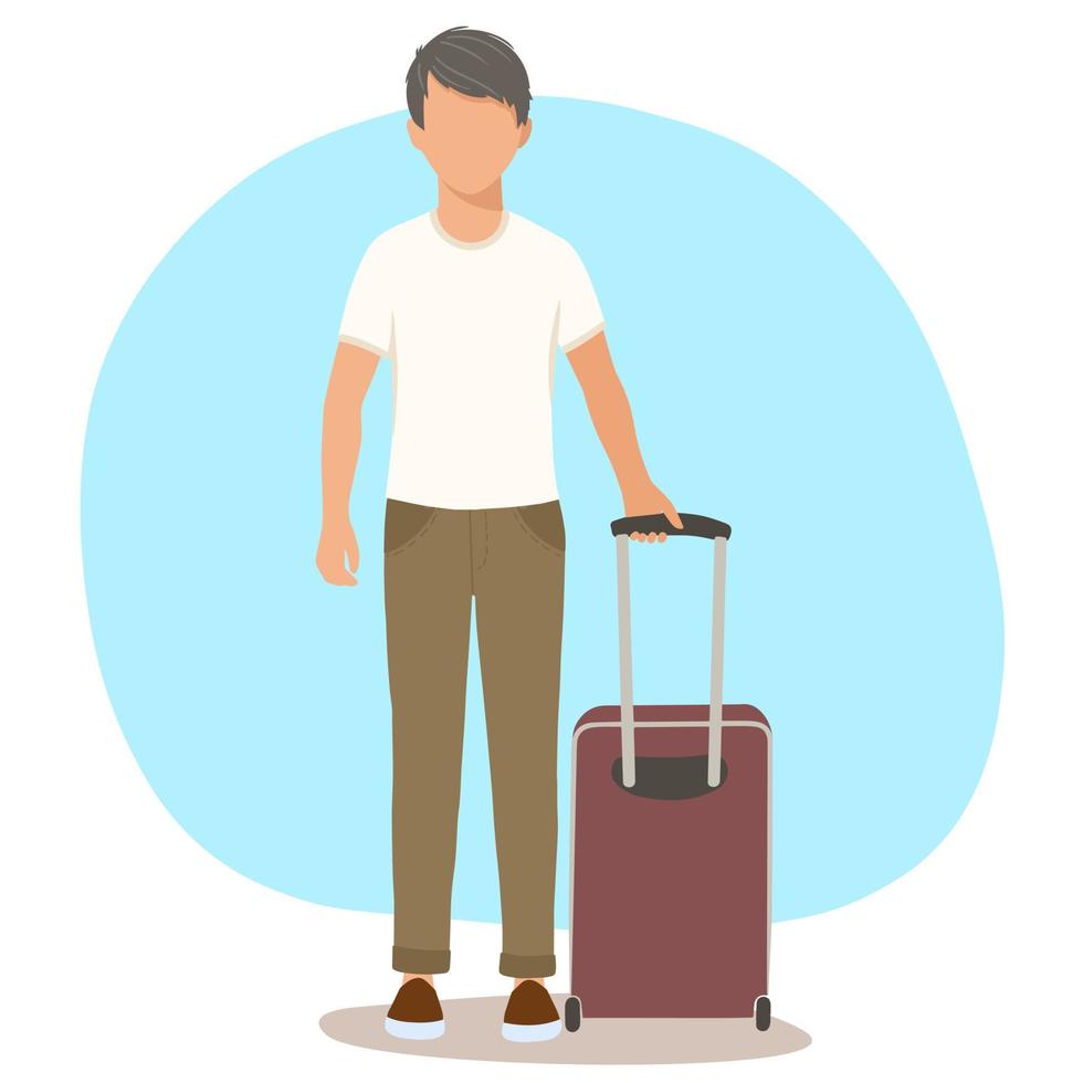 Young man with suitcase. Isolated vector flat illustrations on white background. Concept of trips and journeys