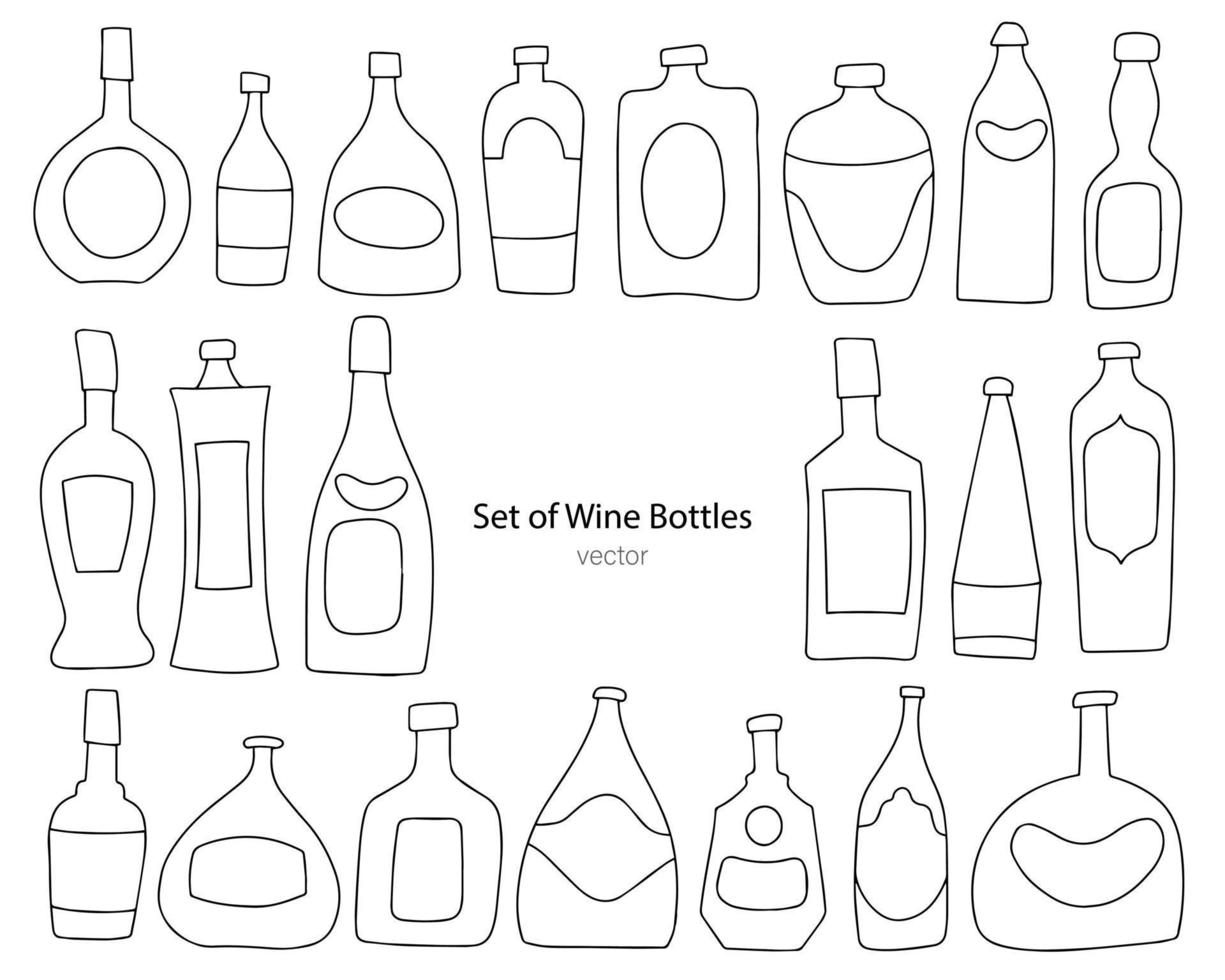Set of wine bottles. Linear drawing on a white background. vector