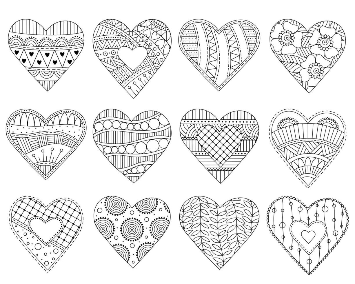 Set of decorative hearts. Linear vector drawing