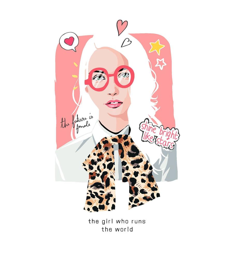 eslogan femenino con ilustración de vector de niña sobre fondo rosa