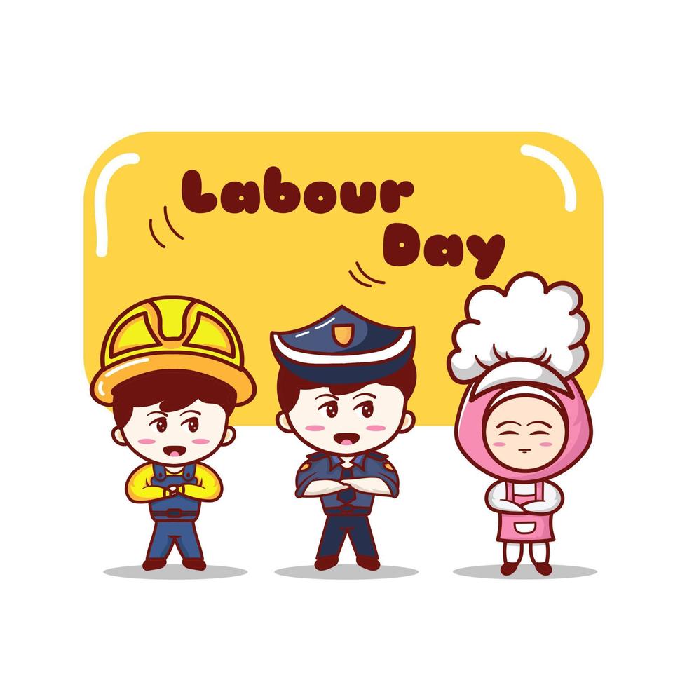 happy labor day cartoon with various professions, police, labor and chef vector