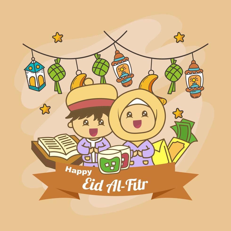 feliz eid al-fitr con corán, bebidas, linternas y niños musulmanes vector