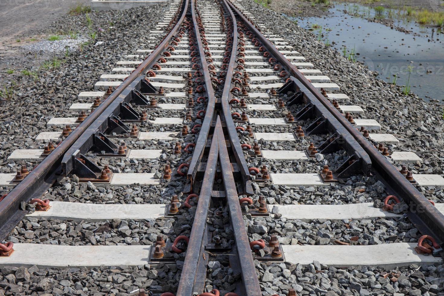 railroad tracks with rust on rock background photo