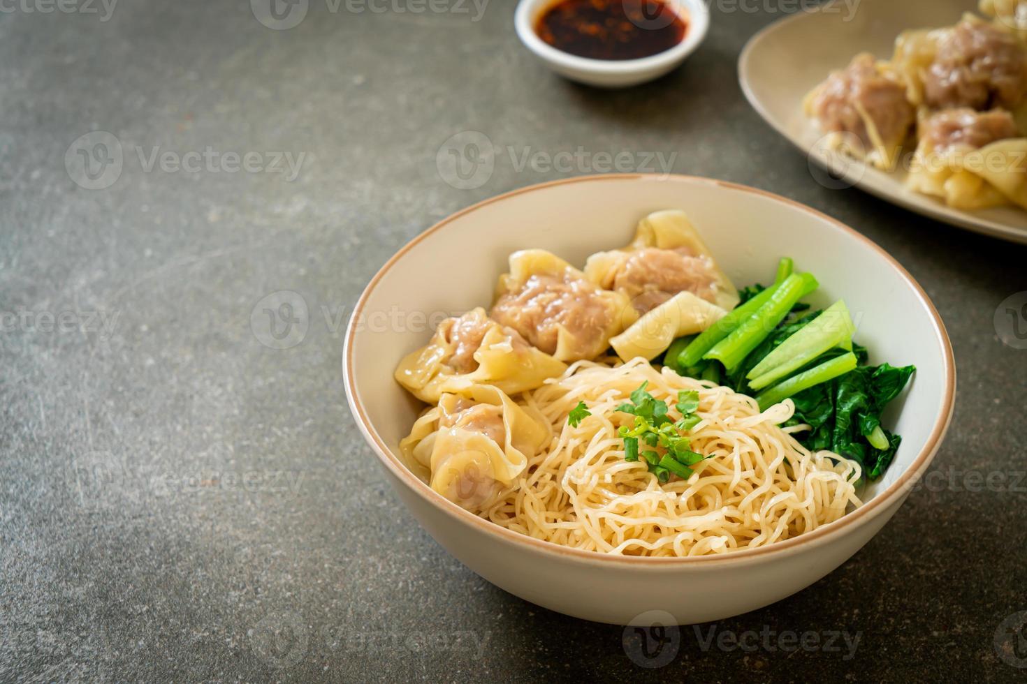 dried egg noodles with pork wonton or pork dumplings without soup photo