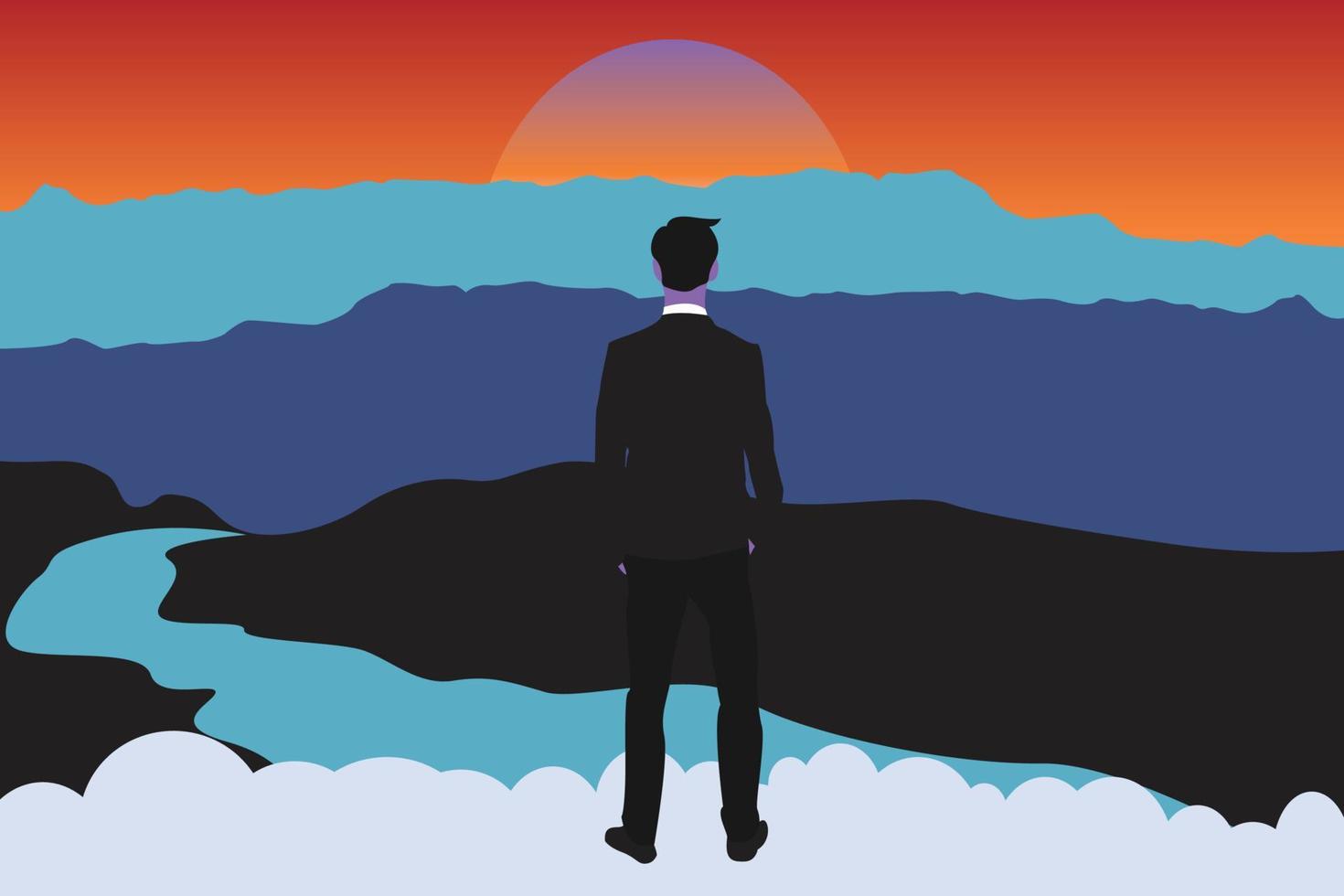 Silhouette of a businessman reaching the top of the mountain vector