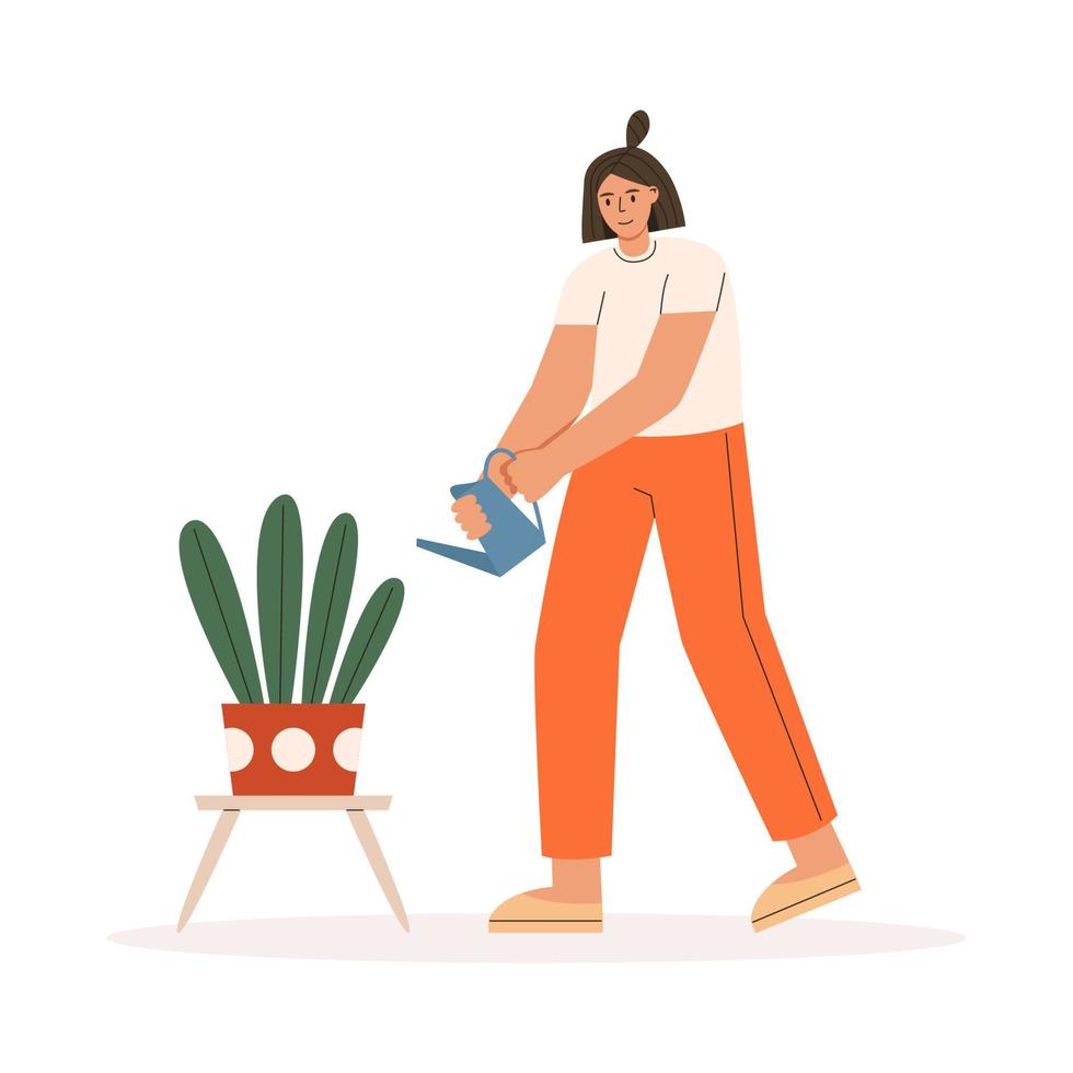 mujer regando una planta de casa vector