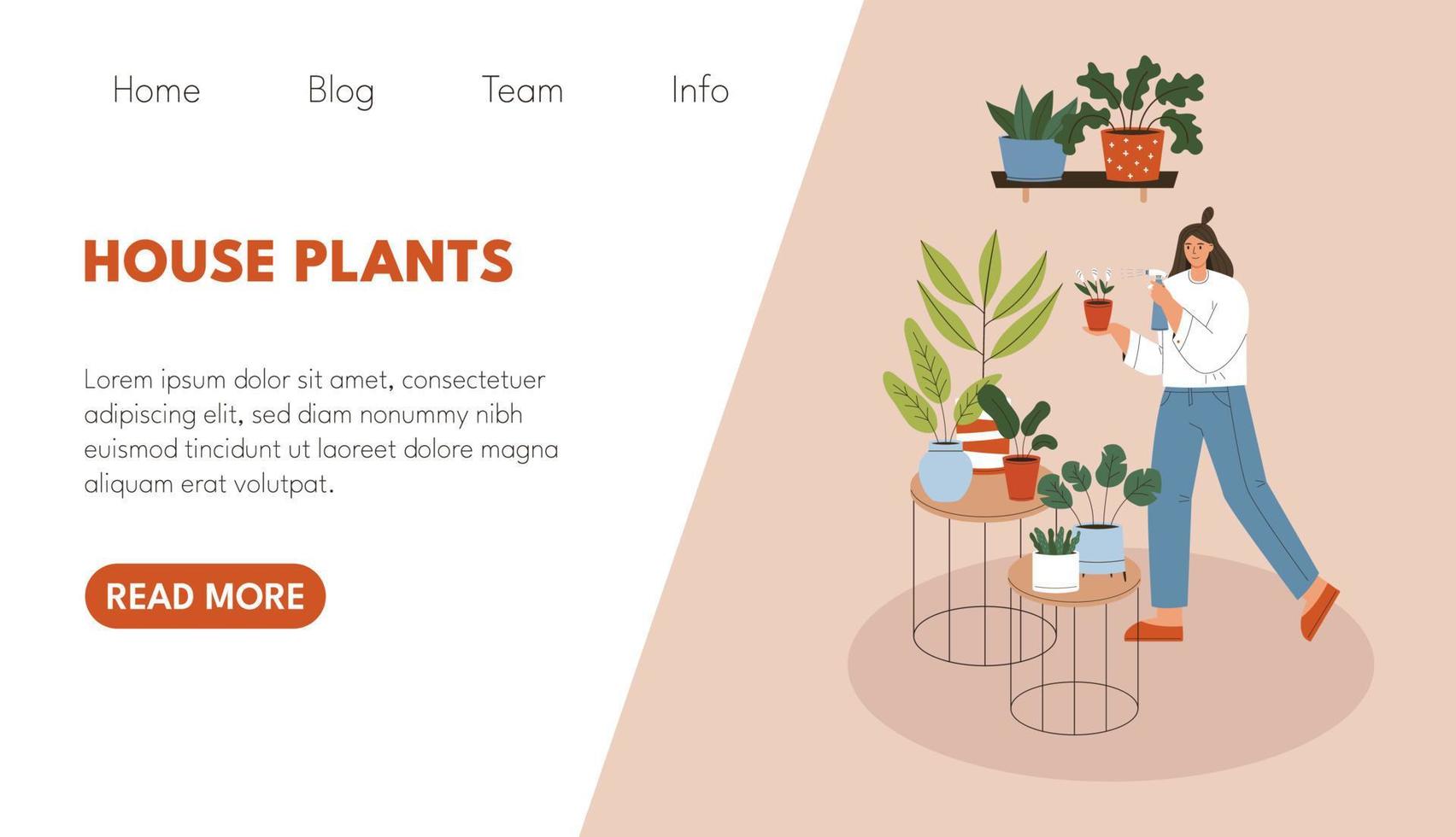 plantilla de sitio web con mujer rociando planta de casa vector