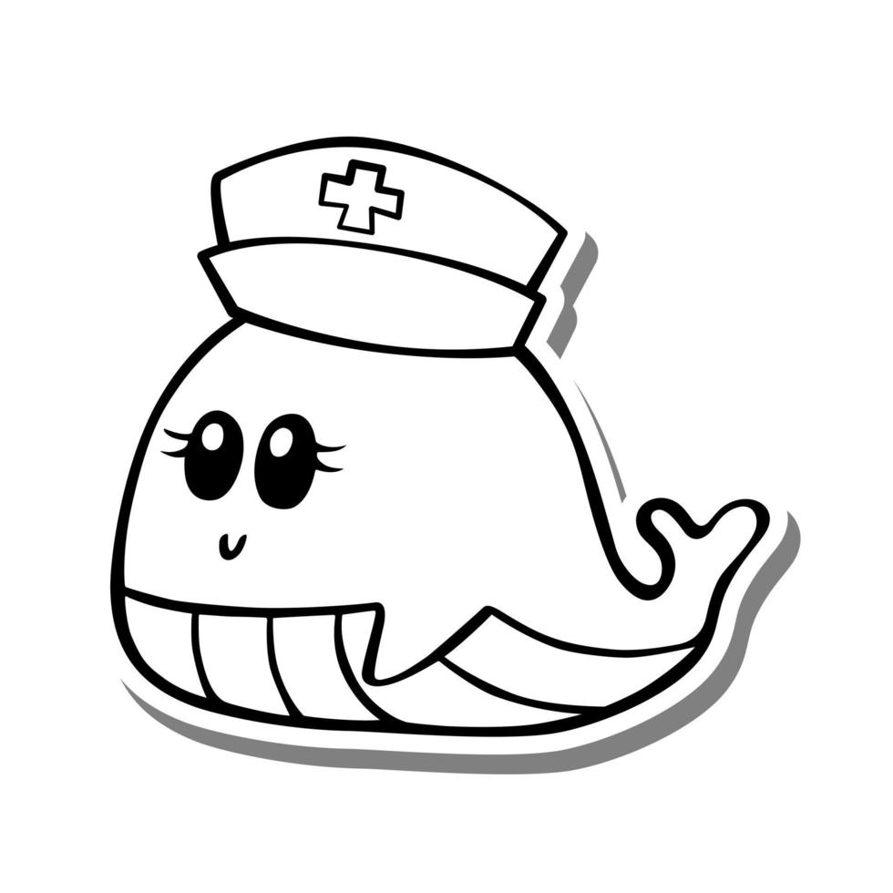 Cute cartoon Nurse Whale Monochrome. Doodle on white silhouette and gray shadow. Vector illustration about aquatic animals for any design.