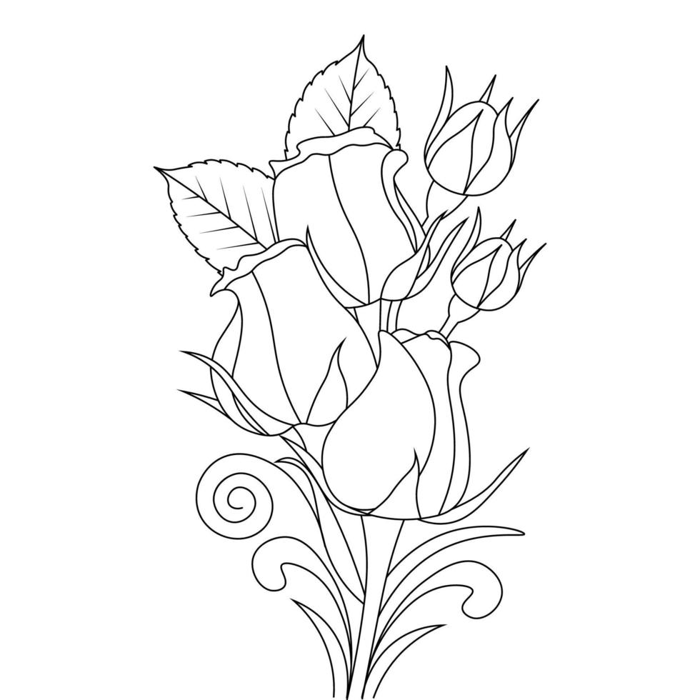 outline rose flower isolated on white background with contour style for coloring book page vector