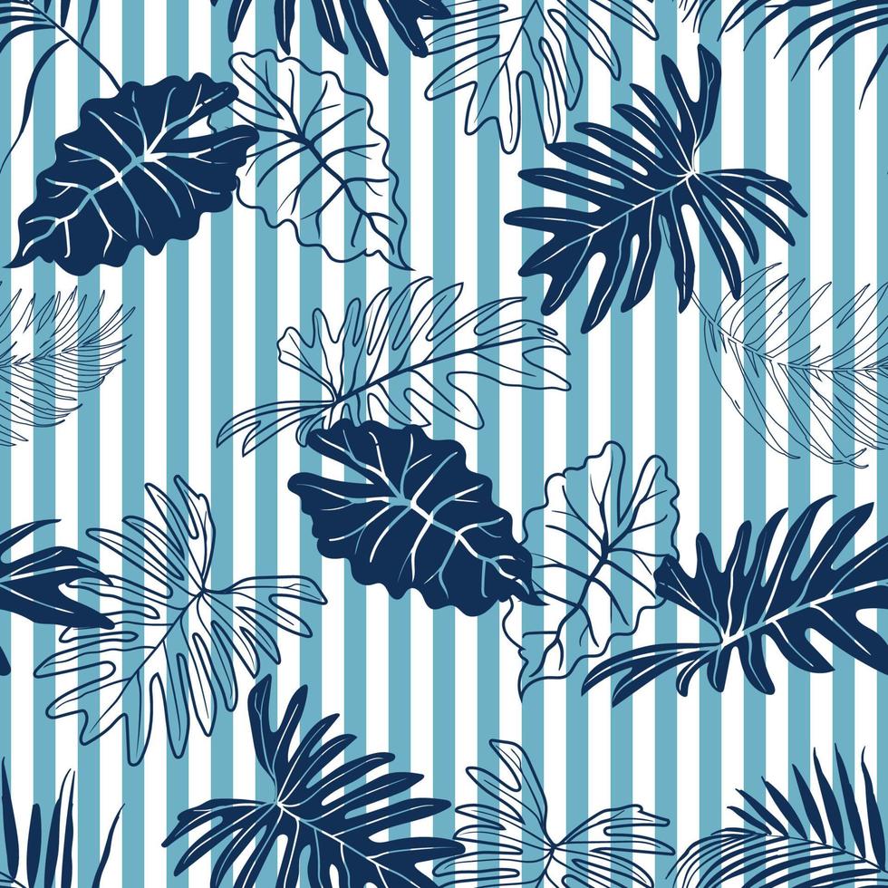 patrón de verano sin costuras con hojas tropicales azul marino sobre fondo de rayas para moda, tela, textil, ropa y todos los estampados vector