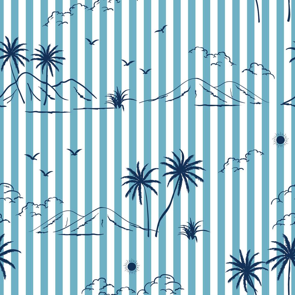 Summer island palm tree seamless pattern on navy blue stripe background,design for fashion,fabric,textile,wallpaper,cover,wrapping and all print vector